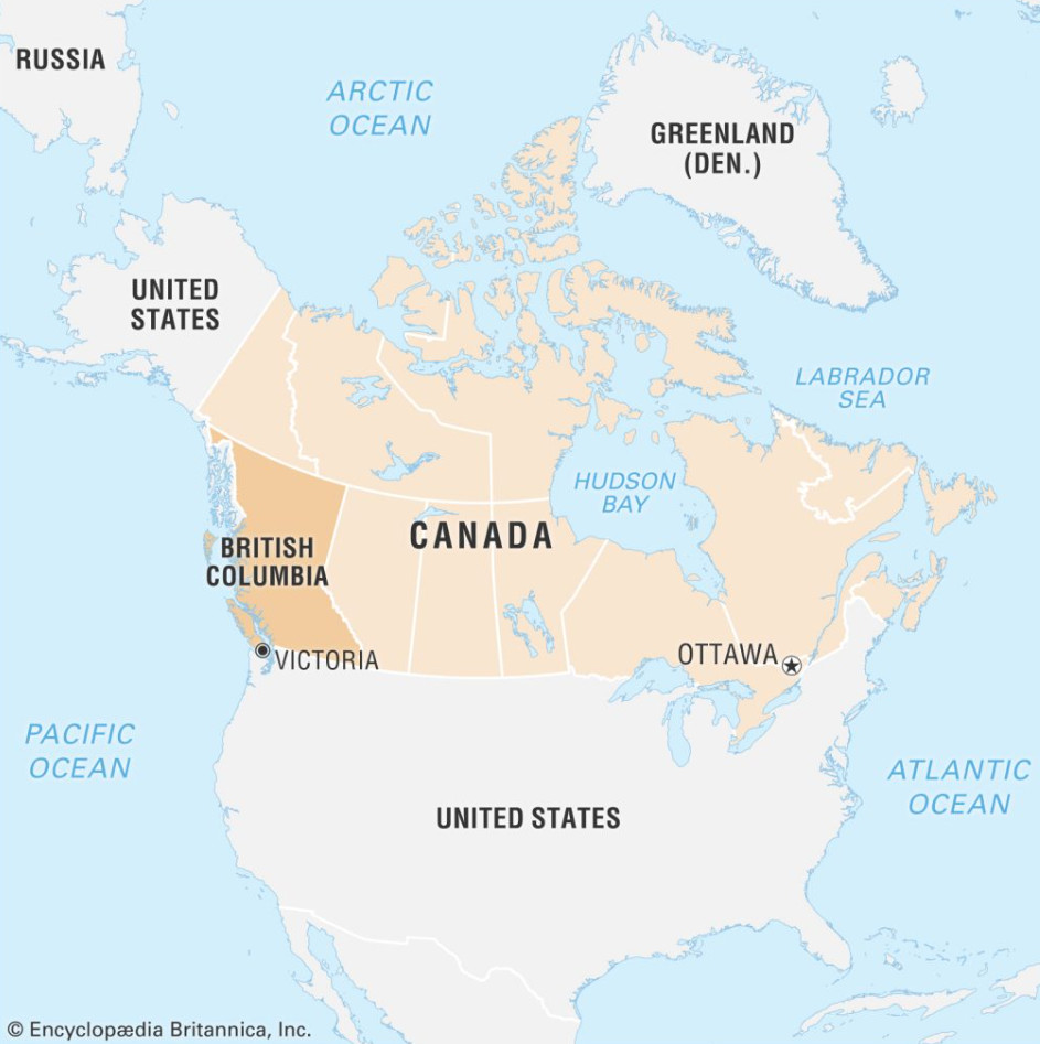 Tỉnh bang British Columbia nằm ở cực Tây của Canada