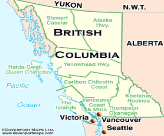 Bản đồ tỉnh bang British Columbia và các vùng lân cận